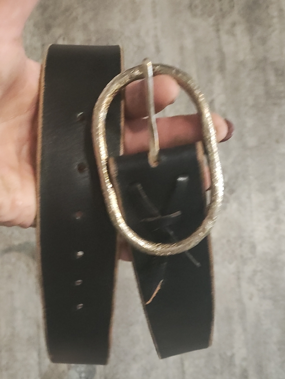 Black Leather Belt with Textured Gold Oval Buckle
